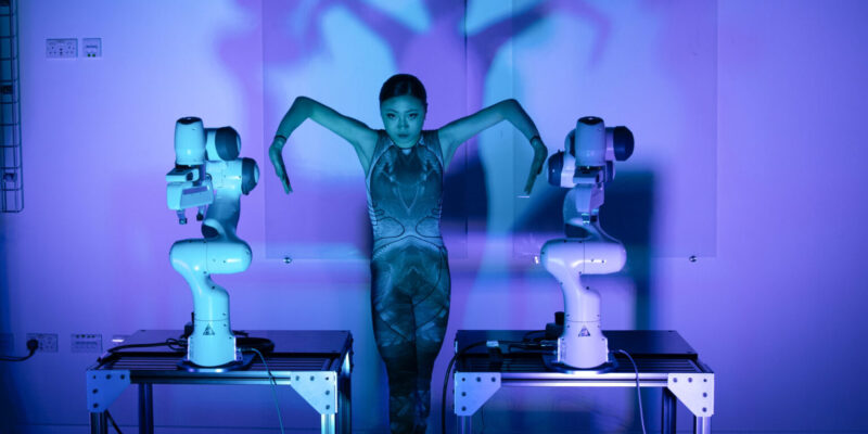 A ballet dancer from Northern Ballet replicating the positions of robots. This is from the film The Mechanics of Life: Movement, Mobility and Me