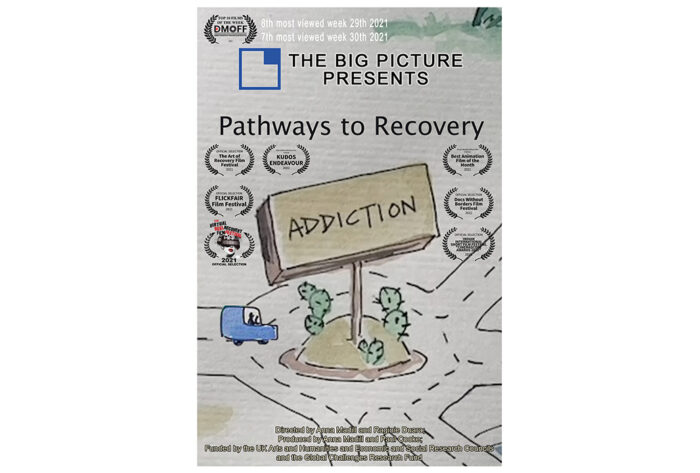 Poster showing a roundabout and a car deciding which exit to take. A sign in the centre of the roundabout reads "Addiction" Text in the image reads: "The Big Picture Presents, Pathways to Recovery."