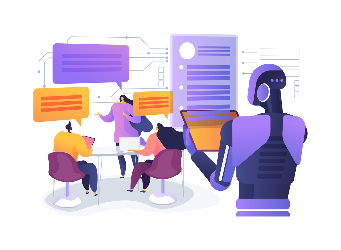 Graphic of digital robot overlooking a work meeting