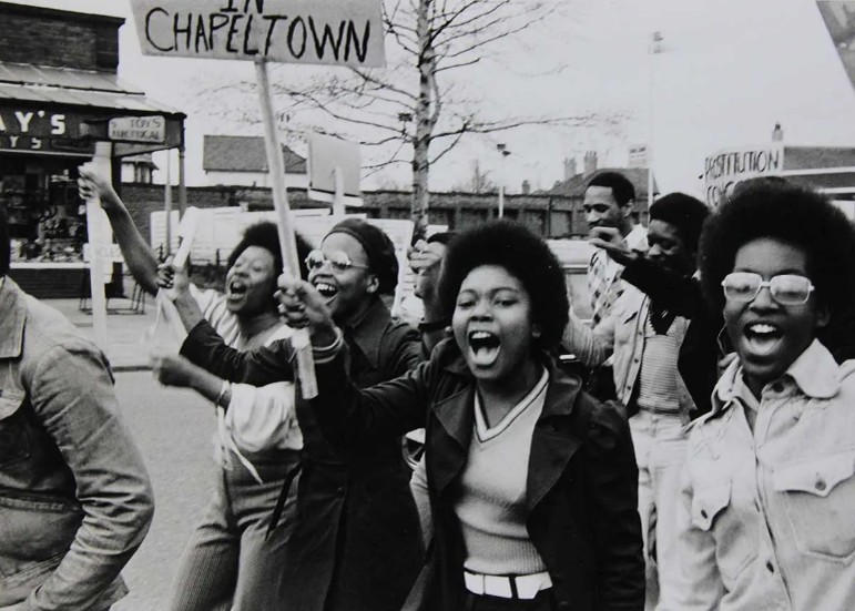 Crowd of black people at a protest